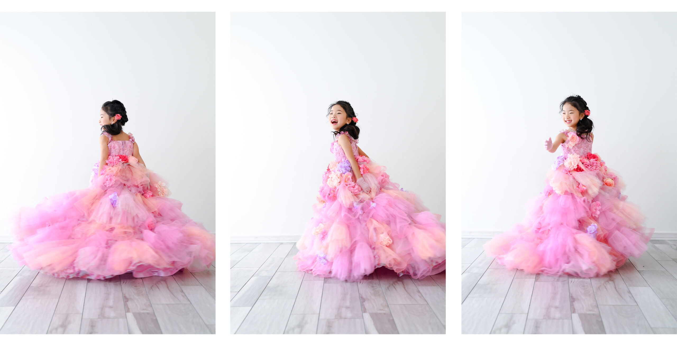 ドレスをくるくる楽しそう　　
宇都宮写真スタジオ七五三　7歳女の子　ドレス前撮り　お姫様